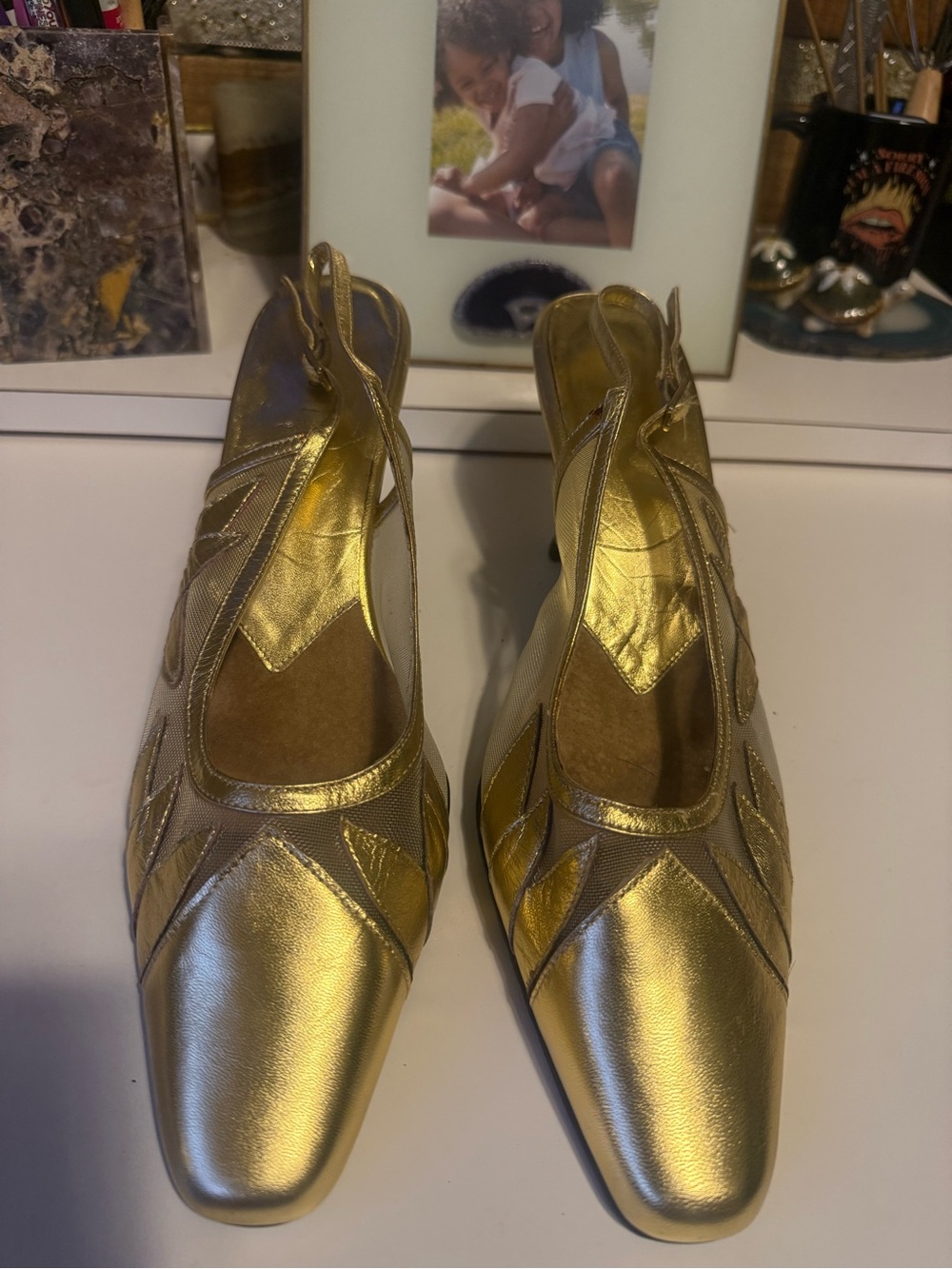 Gold Women’s Slingback Heels - Elegant Metallic Dress Shoes size 12m